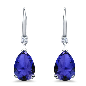 Pear Shape Dangling Leverback Earrings Wedding Simulated Blue Sapphire CZ 925 Sterling Silver (22mm)